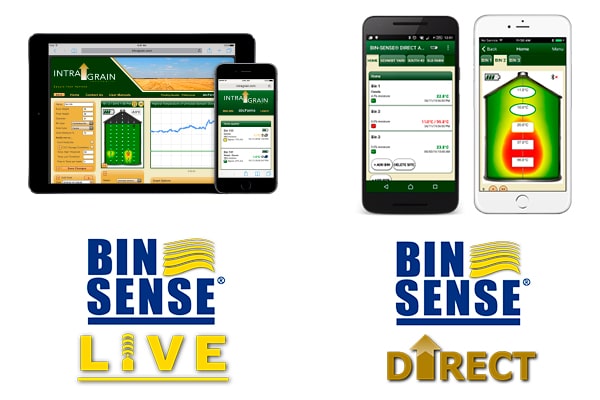 Bin Sense Live and Bin Sense Direct logos and products, tablet, mobile, apps